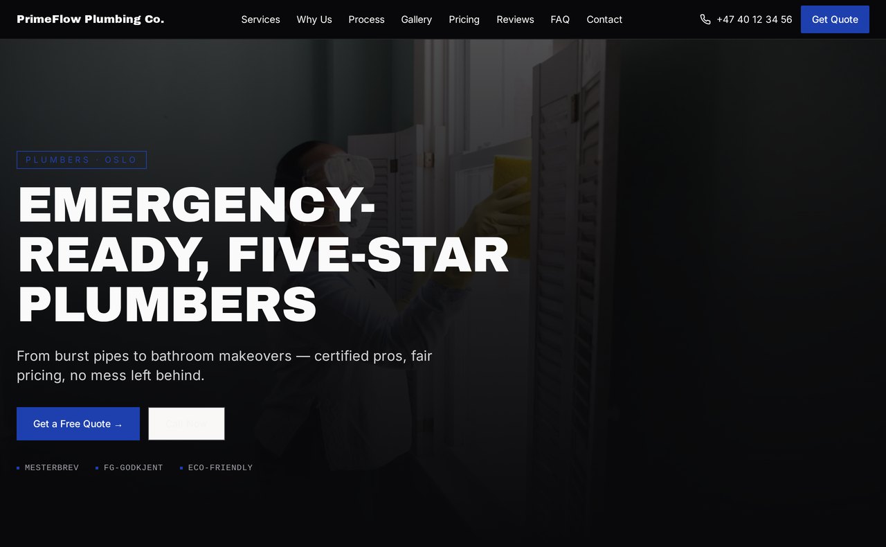 A finished plumber website built by IndustrySites Pro, showing the homepage with call button and service list